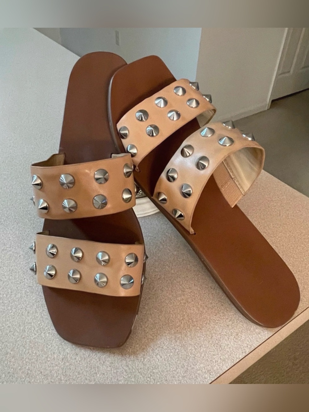 Nine West Tan Studded Double Strap Sandals